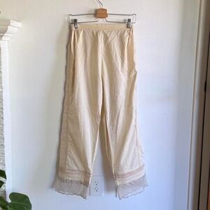 Cream Wide Leg Lace Hem Pants | Vintage-Inspired Elastic Waist Boho Trousers